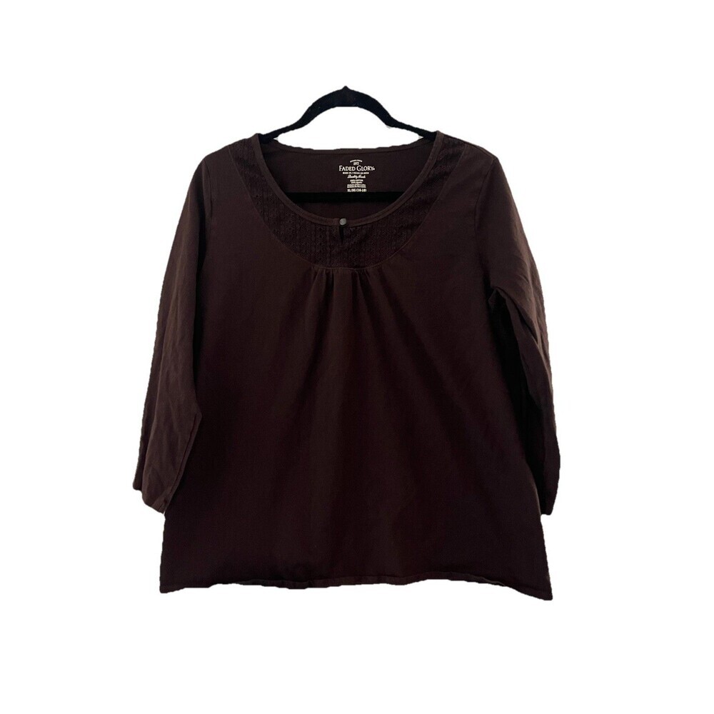 Faded Glory Women's Brown Long Sleeve Top XL with Lace 100% Cotton